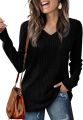Women's knitted sweater V-neck versatile top long sleeve 2024 autumn and winter style wine red loose inner T-shirt.