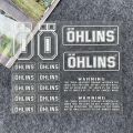 Ohlins Suspension Shocker Damper Motorcycle Decals - Transparent Adhesive Stickers with Warning Labels for Enhanced Performance.
