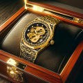 New Men's Watch Black Gold Steel Strip Business Style Mature Night Light Fully Automatic Golden Dragon Carving Mechanical Watch. 
