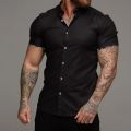 Men's Summer 2024 Solid Color Business Professional Dress Shirt Floral Cuffs Basic Short Sleeves Black And White Optional. 