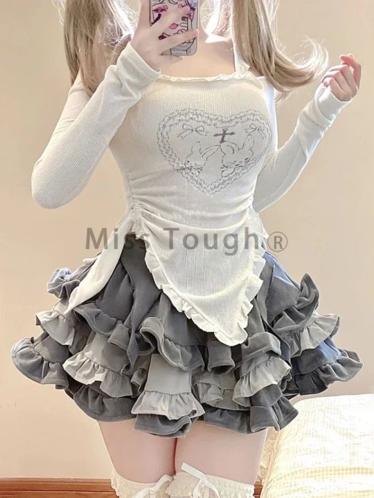 Autumn%20Japanese%20Kawaii%20Two%20Piece%20Set%20Women%20Sweet%20Rabbit%20Print%20Cute%20Skirt%20Suit%20Female%20Korean%20Slim%20Tops%EF%BC%8BPrincess%20Cake%20Skirt%202024%20-%20Image%202