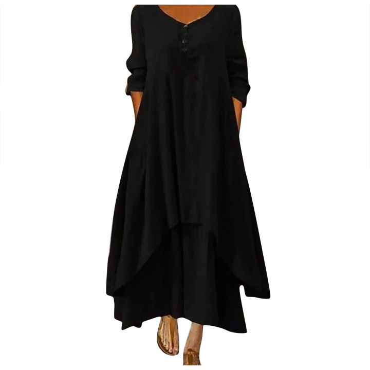 Cotton%20Women'S%20Casual%20Fashion%20Loose%20Long%20Dress%20With%20Button%20Solid%20Color%20Dresses%20-%20Image%204