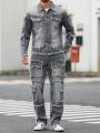 Men's Street Style Casual Distressed Raw-Hem Grey Denim Set, a Minimalist and Fashionable Two-Piece Ensemble.. 