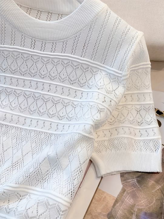 2026%20New%20%20Summer%20Thin%20Hollow%20Out%20Crew%20Neck%20Pullover%20Sweater%20Versatile%20Short%20Sleeve%20Knitted%20Top%20For%20Spring%20&%20Women's%20Clothing%20-%20Image%203
