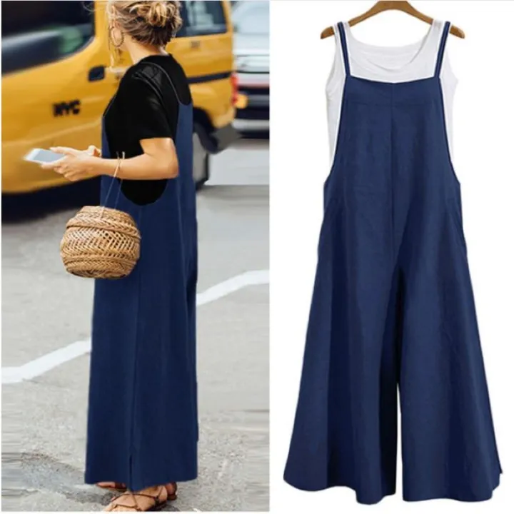 Women's%20Summer%20Sleeveless%20Jumpsuit%20Solid%20Color%20Wide%20Leg%20Bib%20Overalls%20Casual%20Loose%20Cotton%20Linen%20Straps%20Dungaree%20-%20Image%204
