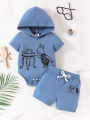 2pcs Summer Baby Boys Cartoon Pig Hooded Set, Cute Print Romper + Shorts, Cool Casual Style, Daily/Home/Photoshoot Wear, 0-12M.