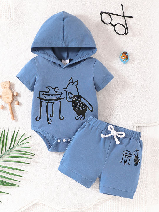2pcs Summer Baby Boys Cartoon Pig Hooded Set, Cute Print Romper + Shorts, Cool Casual Style, Daily/Home/Photoshoot Wear, 0-12M