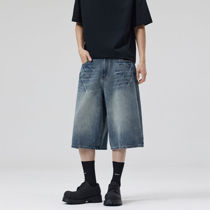 2026%20Summer%20American%20Lightning%20Crack%20Black%20Grey%20Jeans%20Men's%20Straight%20Tube%20Loose%20Wide%20Leg%20Shorts%20Y2k%20Street%20Hip%20Hop%20Sevens%20-%20Image%204