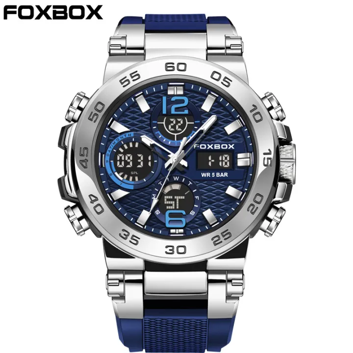 FOXBOX 5ATM Waterproof LCD Dual Display Quartz Wristwatch Multifunctional Electronic Watch for Men Sports Silicone Watches Man