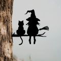 Garden Stake Iron Silhouette Cute Witch and Cat Tree Stump Plug-in Yard Art for Lawn Courtyard Decor.
