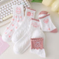 5 Pairs Women Middle Tube Socks Heart Cute Fashion Casual White Four Season Ruffles Pattern Pink Harajuku Kawaii Girls 5 Pairs W. 