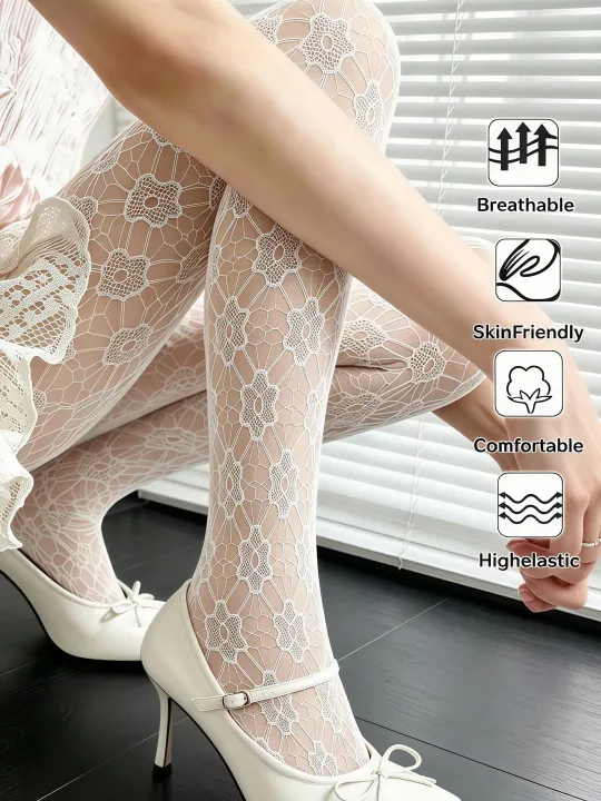 Women's%20White%20Hollow%20Out%20Tights%20French%20Gentle%20Style%20Diamond%20Mesh%20Friendly%20Comfortable%20Versatile%20Pantyhose%20For%20Dating%20Shopping%20-%20Image%202