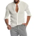 Cotton Linen Hot Sale Men's Long-Sleeved Shirts Summer Solid Color  Stand-Up Collar Casual Beach Style Plus Size. 