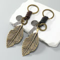 Fashion metal leaf pendant men keychains leather key ring. 