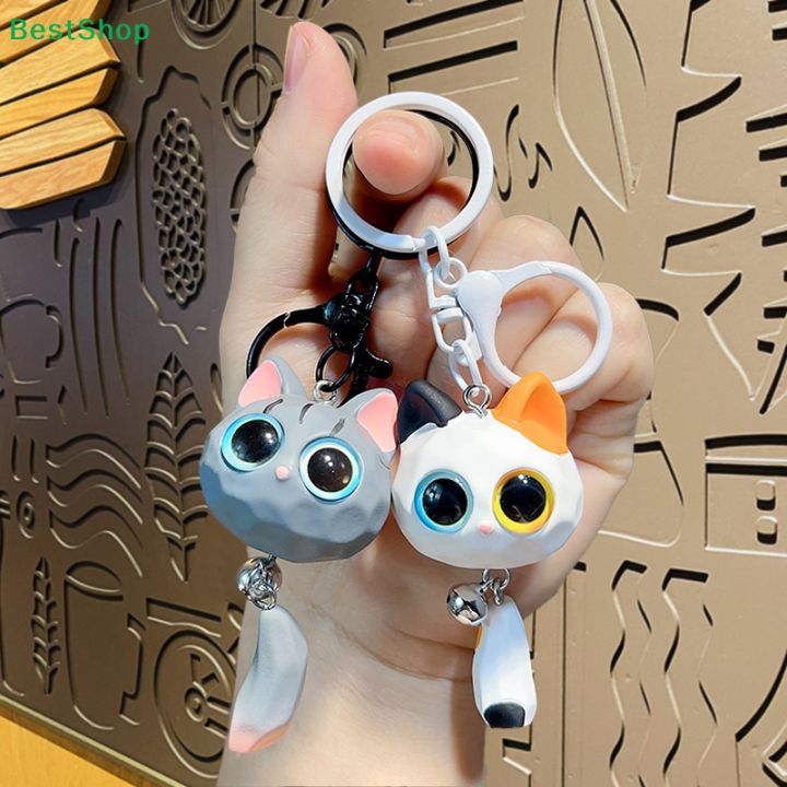 〔R〕Cute 3D Big Eye Cartoon Cat Keychain, Resin Kitten Charm with Bell for Car Keys, Backpacks &