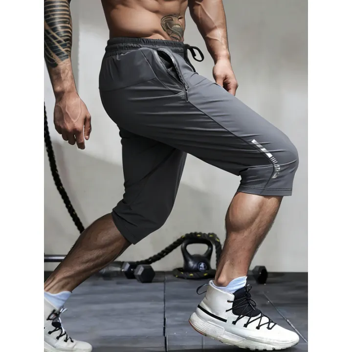 Men's%20Summer%20Casual%20Sports%20Shorts%20High%20Elastic%20Waist%20Drawstring%20Cropped%20Pants%20Seven%20Running%20Basketball%20Beach%20Sweatsuit%20Black%20-%20Image%203