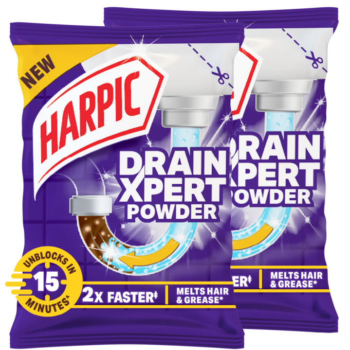 Harpic Drain Cleaning Xpert Powder 45g X 2, Unblocks Clogged Bathroom, Kitchen & Shower Sink in 15 minutes, Clears Drainpipes, Melts Hair & Grease, Effective Sink and Drain Pipe Cleaner & Blockage Remover 2 pcs combo pack
