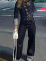 HH Women Fashion Denim Set Casual Lapel Long Sleeve Crop Jacket Buttons Female Vintage Wide Leg Loose Jeans Long Pants.