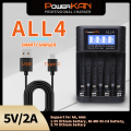 POWERKAN ALL4 AA/AAA 4-slot Small Convenient Battery Charger for 1.2V  Hi-MH& 1.5V/3.7VLi-ion With LCD Screen. 