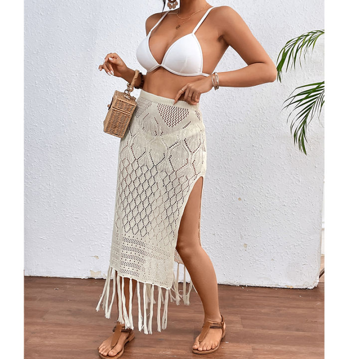 Women%20Knitted%20Texture%20Sarong%20Skirts%20%20High%20Slit%20Tassel%20Cover-Up%20Beach%20Summer%20Vacation%20Wrapped%20Skirt%20Bikini%20Cover%20Up%20-%20Image%204