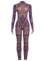 Sisterlinda Fashion Print Jumpsuits Woman Turtleneck Full Sleeve See Through Skinny Peach Hip Street Wild Style Overalls.
