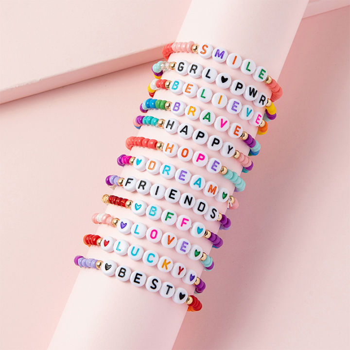 12Pcs Teens Women Girls Colorful Positive Energy Letters Courage Words Candy Color Beaded Bracelet DIY Jewellery