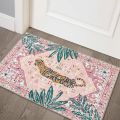 Door Mat Pink Background Tiger & Tropical Palm Leaf Pattern Carpet Non Slip Print Entryway Rug for Boho Home Decoration. 