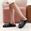 Halloween Spider Web Pattern Horror Yinsen Atmosphere Fashion Embroidered Plush Home Thick-Soled Comfortable Woolen Cotton Slippers Personalized Warm Non-Slip Indoor Slippers for Men and Women Can Wear Christmas Gifts. 