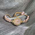 Double-Row Pearl Pull-Open Bracelet Diamond-Encrusted Case Arabic Numeral Scale Ladies Quartz Watch. 