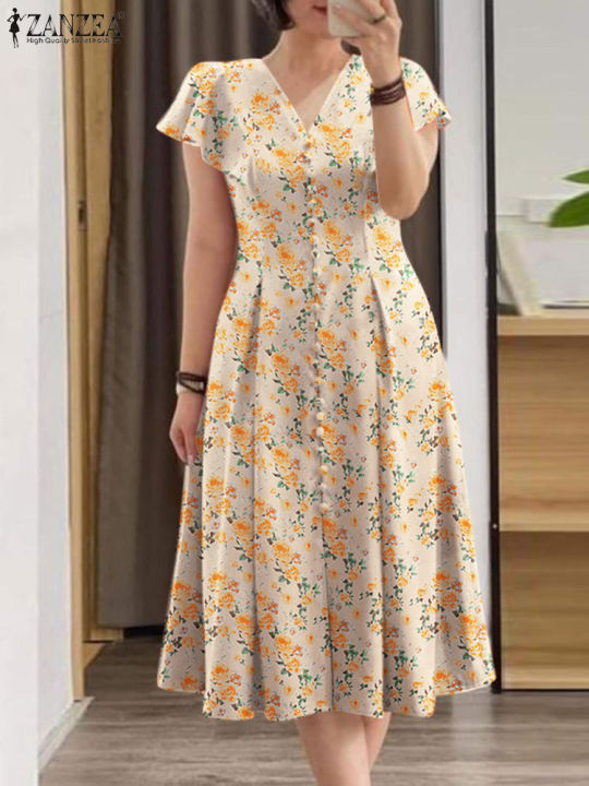 ZANZEA Elegant Women Floral Printed Midi Dress Summer Bohemian Sundress Casual V Neck Short Sleeve Holiday Party Vestido Kaftan