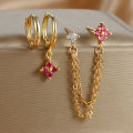 3PCS New Fashion Four Zircon Flower Hoop Earring Set For Women Stainless Steel Double Stud Chain Piercing Jewelry. 
