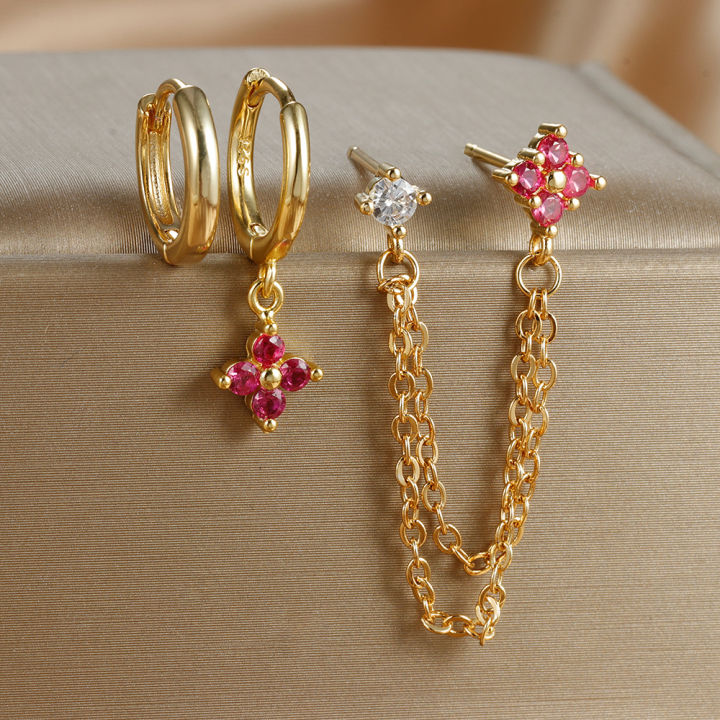 3PCS%20New%20Fashion%20Four%20Zircon%20Flower%20Hoop%20Earring%20Set%20For%20Women%20Stainless%20Steel%20Double%20Stud%20Chain%20Piercing%20Jewelry%20-%20Image%205
