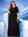 Plus Size Elegant Short Sleeves Sequin Formal Evening Dress Women Chiffon Black Mermaid Bridesmaid Party Maxi Prom. 