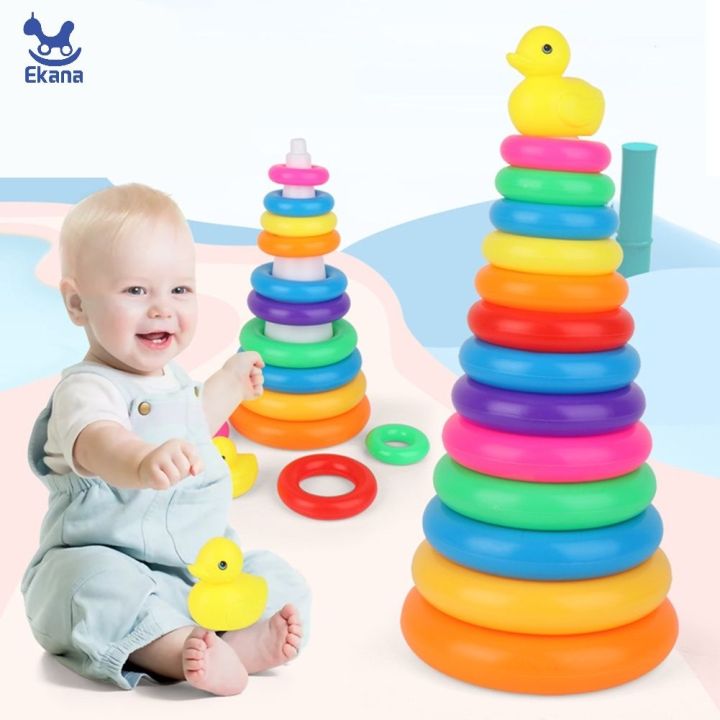 Baby Rainbow Tower Stacking Circle Fun Duck Ring Puzzle Game Pyramid Kid Toddler Color Cognition Early Educational Toy Gifts