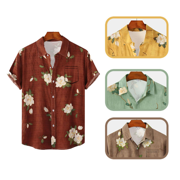 Men Hawaiian Style Short Sleeve Shirt, Summer Casual Floral Print, Green Button Down Shirt, Loose Women Vintage Flower Beach Top