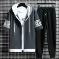 Set for Men Summer Men's Sports Suit 2-piece Print T-shirt Casual Hooded Quick Dry Running Long Pant Clothes Short Sleeve Shorts. 
