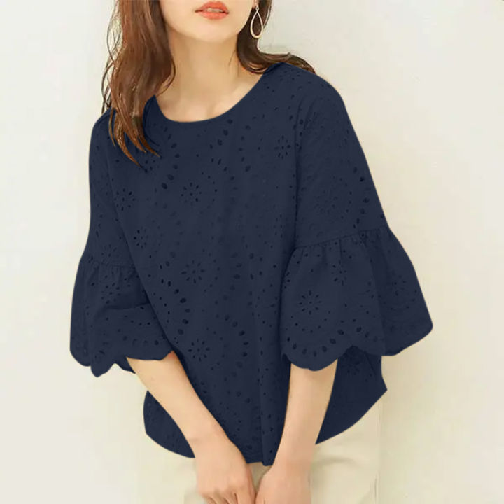 2024%20ZANZEA%20Women%20Elegant%20Lace%20Crochet%20Blouse%20Female%20Summer%20Tops%20Holiday%20Shirt%20Work%20OL%20Tops%20Stylish%203/4%20Sleeve%20Patchwork%20Blusas%20-%20Image%207