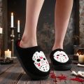 A Pair of Black Halloween Horror Mask Skull Pattern Embroidered Plush Home Thick-Soled Comfortable Slippers, Personalized Warm Non-Slip Indoor Slippers, Autumn and Winter , Suitable for Both Men and Women.