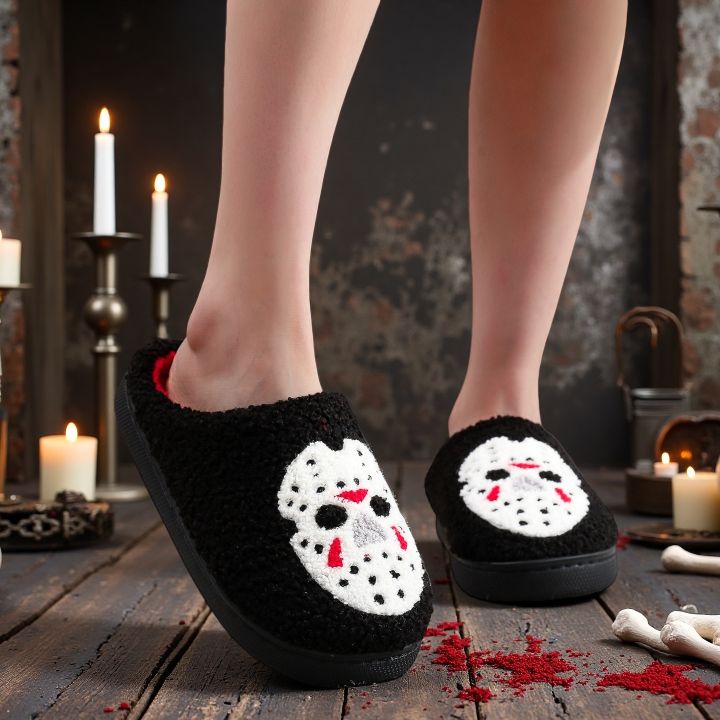 A Pair of Black Halloween Horror Mask Skull Pattern Embroidered Plush Home Thick-Soled Comfortable Slippers, Personalized Warm Non-Slip Indoor Slippers, Autumn and Winter , Suitable for Both Men and Women