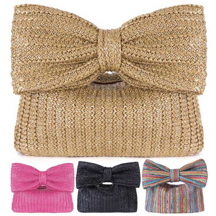 Women Straw Woven Handbag Zipper Closure with Bow Weaving Clutch Bag Versatile Female Party Wedding Bag