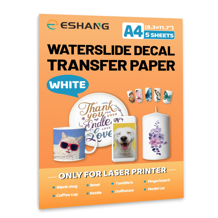 A4 Size Waterslide Decal Paper LASER White 5 Sheets Premium Water-Slide Transfer No-transparent, Printable, 8.3×11.7 IN for Lase