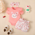 3PCS Baby Girl Clothes Outfits for 0-18 Months Ruffled Sleeve Lovely Rabbit Bodysuit+Flower Shorts+Headband Summer Casual Wear. 