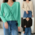 Women's Short Solid Color Cardigan For Spring And Autumn Outerwear Casual V-Neck Knitted Top. 