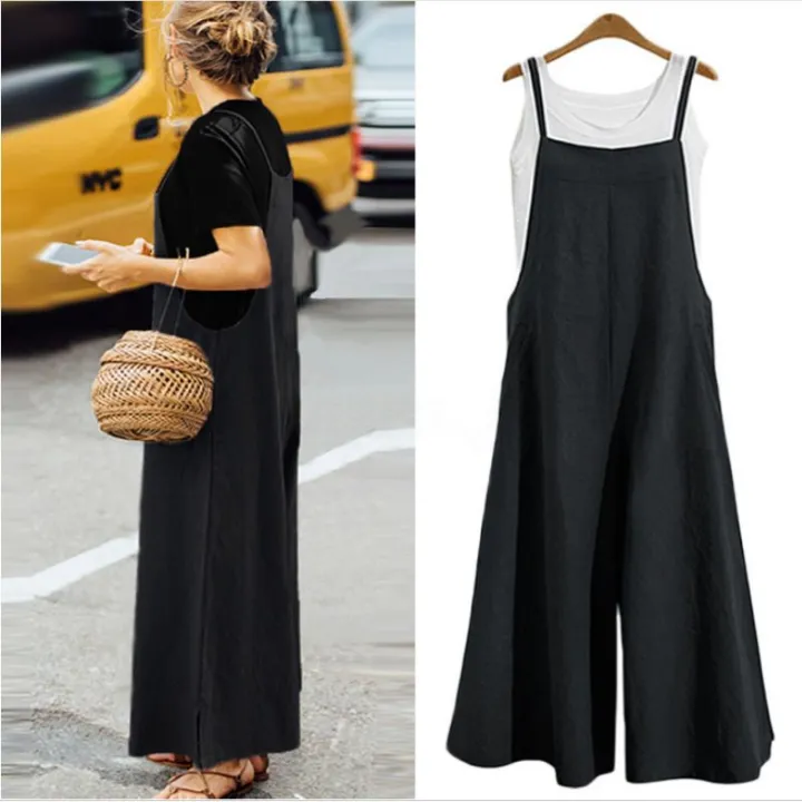 Women's%20Summer%20Sleeveless%20Jumpsuit%20Solid%20Color%20Wide%20Leg%20Bib%20Overalls%20Casual%20Loose%20Cotton%20Linen%20Straps%20Dungaree%20-%20Image%202