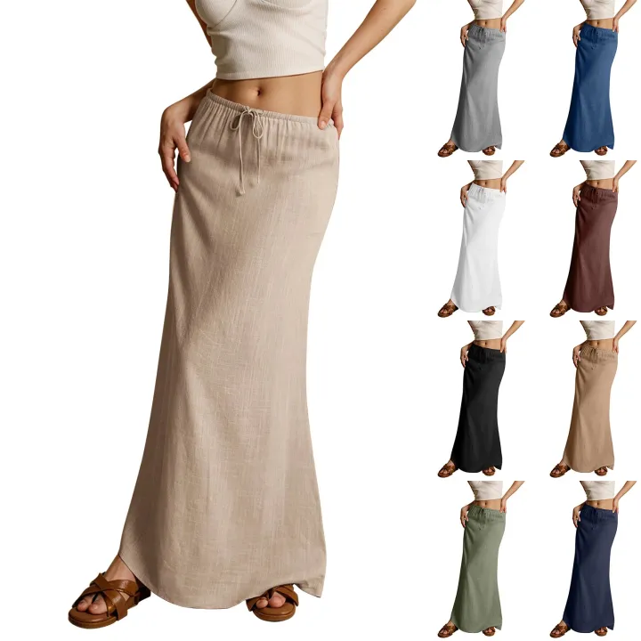 Women%20Low%20Waist%20Skirts%20Summer%20Casual%20Vacation%20Drawstring%20High%20Elastic%20Waist%20Skirts%20Simple%20Solid%20Comfy%20Bodycon%20Long%20Maxi%20Skirts%20-%20Image%202