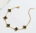 Vintage Black Clover Bracelet With 5 Clover Double Sided Stainless Steel Chain Bracelet. 