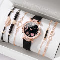 6PCS/Set Fashion Heart Dial Women's Watch Casual Leather Band Analog Quartz Watch Leaf Bracelets Set（Without Box）. 