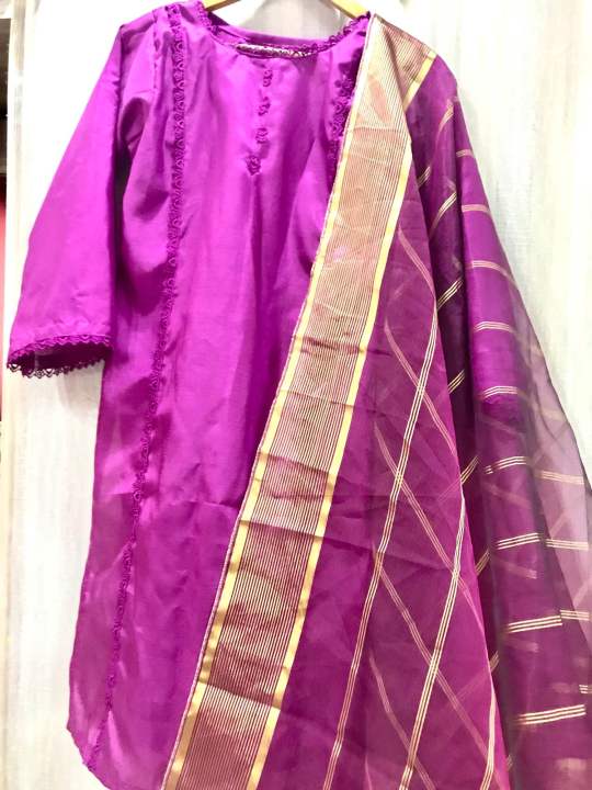 Katan Silk 3PC stitched suit lace detailing new design