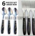 Stainless Steel Tea Spoon And Fork Spoon Set - (Pack of 6) With Ceramic Design Plastic Handel (6 PIECES SET).