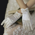 White satin wedding dress gloves Short elegant petal pearl bow mesh bridal gloves versatile photo accessories pearl retro.